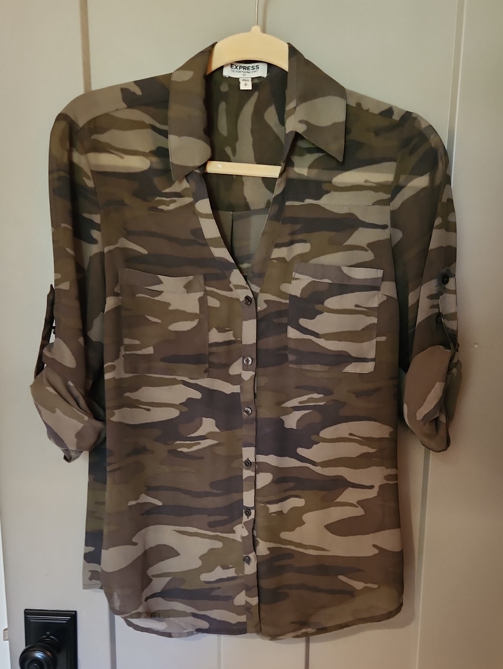 NEW Express Camouflage Button-Down Shirt - Olive Camo Sheer